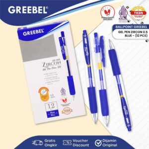 GREEBEL Pulpen Gel / Gel Pen GP-509 Zircon 0.5 Biru (12PCS/SET) / Ballpen Gel Ballpoint Bolpen Bolpoin Pena Gel