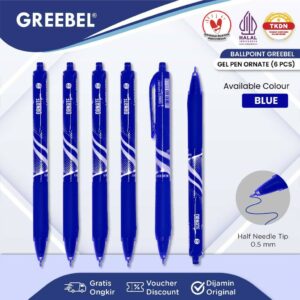 GREEBEL Pulpen Gel / Gel Pen Gel Pen GP-505 Ornate Biru 0.5 (6PCS/SET) / Ballpen Gel Ballpoint Bolpen Bolpoin Pena Gel