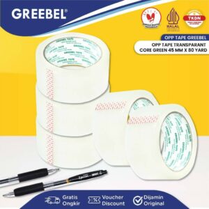 GREEBEL Lakban Transparan OPP TAPE Lakban Transparent-CORE GREEN 45MM 1 PCS / non toxic / / Isolasi / Packing Tape Transparant