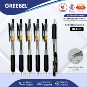 GREEBEL Pulpen Gel / Gel Pen GP-509 Zircon Hitam 0.5 (6PCS/SET) / Ballpen Gel Ballpoint Bolpen Bolpoin Pena Gel