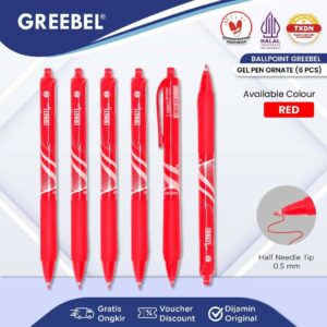 GREEBEL Pulpen Gel / Gel Pen GP-505 Ornate Merah 0.5 (6PCS/SET) / Ballpen Gel Ballpoint Bolpen Bolpoin Pena Gel