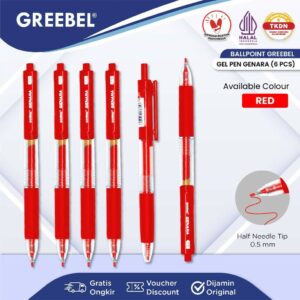 GREEBEL Pulpen Gel / Gel Pen GP-508 Genara 0.5 Merah (6PCS/SET) Ballpoint Bolpen Bolpoin Pena Gel