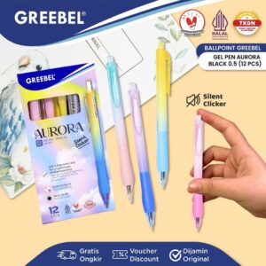 GREEBEL Pulpen Gel Pastel / Gel Pen GP-511 Aurora 0.5 Hitam (12PCS/SET) / Bolpen Lucu Ballpen Gel Ballpoint Pena Gel