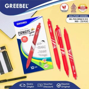 GREEBEL Pulpen Gel / Gel Pen GP-505 Ornate 0.5 Merah (12PCS/SET) / Ballpen Gel Ballpoint Bolpen Bolpoin Pena Gel