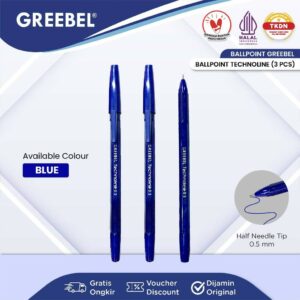 GREEBEL PULPEN BALLPEN / Technoline 0.5 Biru (3PCS/SET) / Ballpoint Bolpen Bolpoin Pena Gel