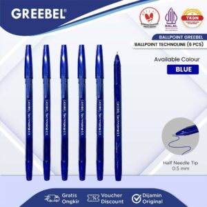 GREEBEL PULPEN BALLPEN / Technoline 0.5 Biru (6PCS/SET) / Ballpoint Bolpen Bolpoin Pena Gel