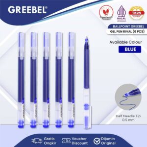 GREEBEL Pulpen Gel / Gel Pen GP-502 Rival 0.5 Tinta Biru (6PCS/SET) / Ballpen Gel Ballpoint Bolpen Bolpoin Pena Gel