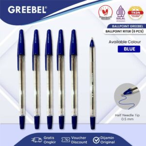 GREEBEL Pulpen Ballpen / Riter 0.5 Biru (6PCS/SET) / Ballpoint Bolpen Bolpoin Pena Gel