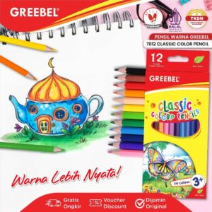 GREEBEL Pensil Warna 12 Warna Panjang / Classic Color Pencils (7012) Warna Lebih Nyata / Mewarnai Menggambar