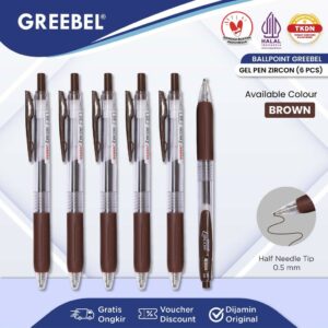 GREEBEL Pulpen Gel / Gel Pen GP-509 Zircon Coklat 0.5 (6PCS/SET) / Ballpen Gel Ballpoint Bolpen Bolpoin Pena Gel