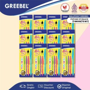 GREEBEL Pulpen Ballpen / Popline Hitam 12 Lusin (1 GROSS= 156 PCS) / Ballpoint Bolpen Bolpoin Pena Gel