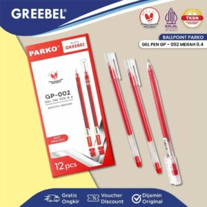 PARKO Pulpen Gel / Gel Pen GP-002 0.4 Merah (12PCS/SET) / Ballpen Gel Ballpoint Bolpen Bolpoin Pena Gel