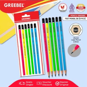 GREEBEL Pensil Tulis 2B 7027 Neon (6PCS/SET) Pensil Kayu Ujian / Pencil Grafit Graphite / Pensil Gambar