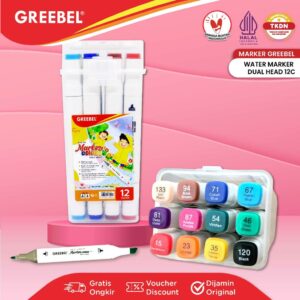 GREEBEL Spidol Warna Warni 1 Set [12 WARNA] / Water Marker Dual Head / Spidol Sketch Mewarnai Menggambar & Kaligrafi
