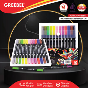 GREEBEL Dual Tip Brush Pen Color / 12 Warna / Pena Kuas Warna / Spidol Set Marker Drawing Pen