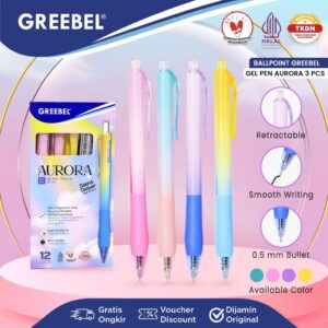 GREEBEL Pulpen Gel Cute Lucu Pastel / Gel Pen Aurora GP-511 0.5 Hitam (3PCS/SET)