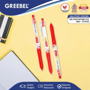 GREEBEL Pulpen Gel / Gel Pen GP-507 Paporo 0.5 Merah (3PCS/SET) / Ballpen Gel Ballpoint Bolpen Bolpoin Pena Gel