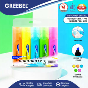 GREEBEL Highlighter 1 Set 5 Warna HL-702 Neon / Penanda Warna Tebal [ 1 SET 5 WARNA ] Stabilo